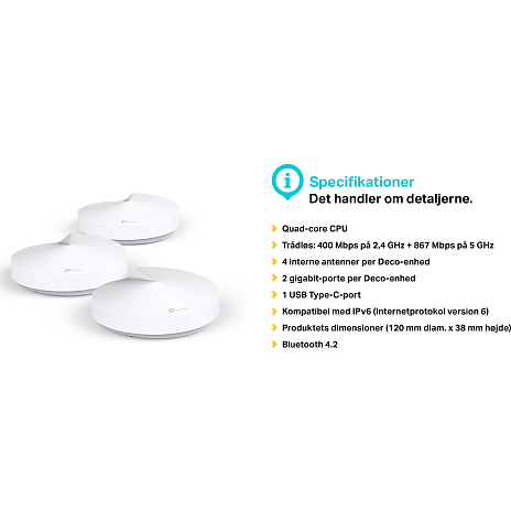 TP-Link Deco M5 AC1300 Dual Band Mesh Wi-Fi System – 3-pakke 6 TP-Link Deco M5 AC1300 Dual Band Mesh Wi-Fi System – 3-pakke - Billede 4