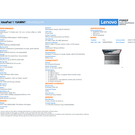 Lenovo IdeaPad 1 15AMN7 15" 82VG002LMX 4 Lenovo IdeaPad 1 15AMN7 15" 82VG002LMX - Billede 2